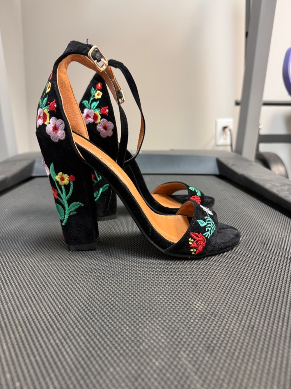 Shoe Republic LA Black Heels with Green & Red Floral Embroidery